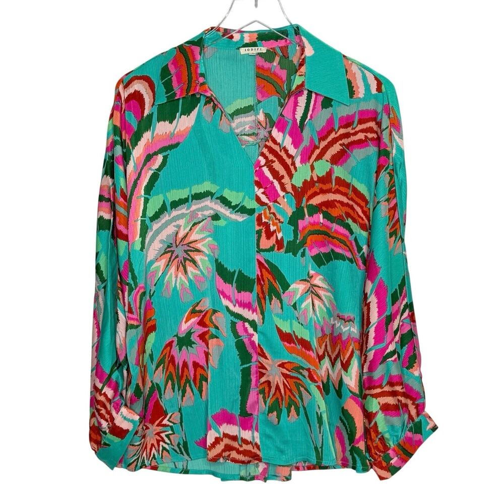 Jodifl Vibrant Teal Long Sleeve Button Up Shirt S Floral Tropical Maximalist